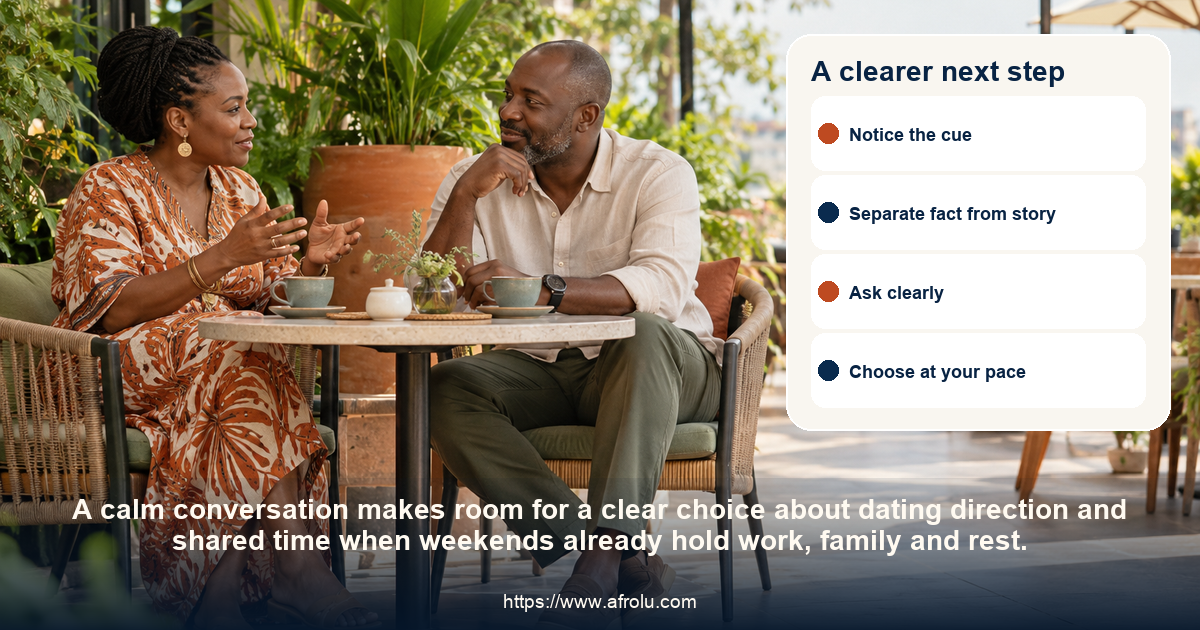 Two adults share a respectful conversation about dating direction and shared time when weekends already hold work, family and rest.