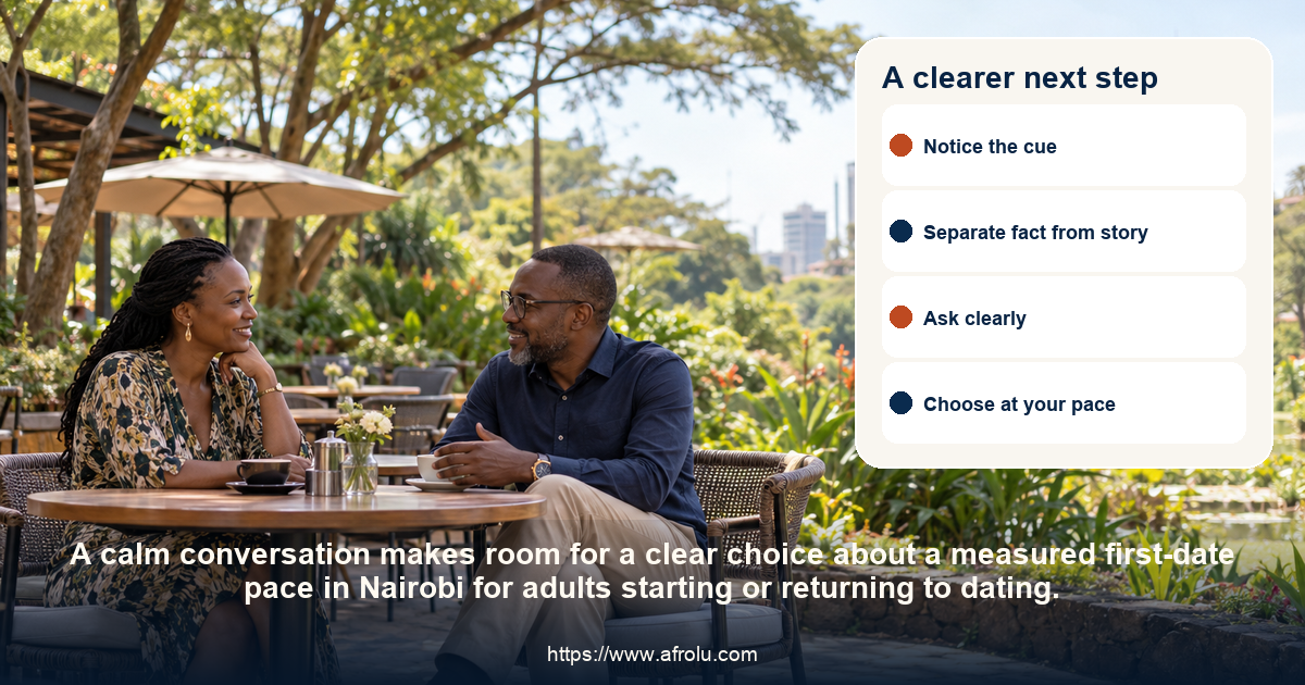Two adults share a respectful conversation about a measured first-date pace in Nairobi for adults starting or returning to dating.