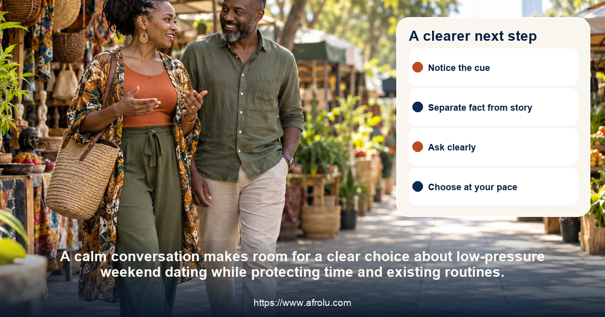 Two adults share a respectful conversation about low-pressure weekend dating while protecting time and existing routines.