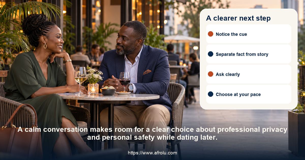 Two adults share a respectful conversation about professional privacy and personal safety while dating later.