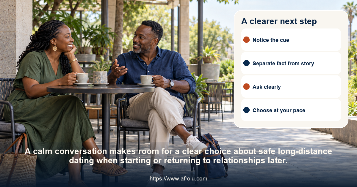 Two adults share a respectful conversation about safe long-distance dating when starting or returning to relationships later.