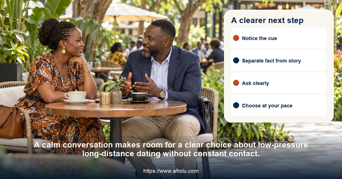 Two adults share a respectful conversation about low-pressure long-distance dating without constant contact.
