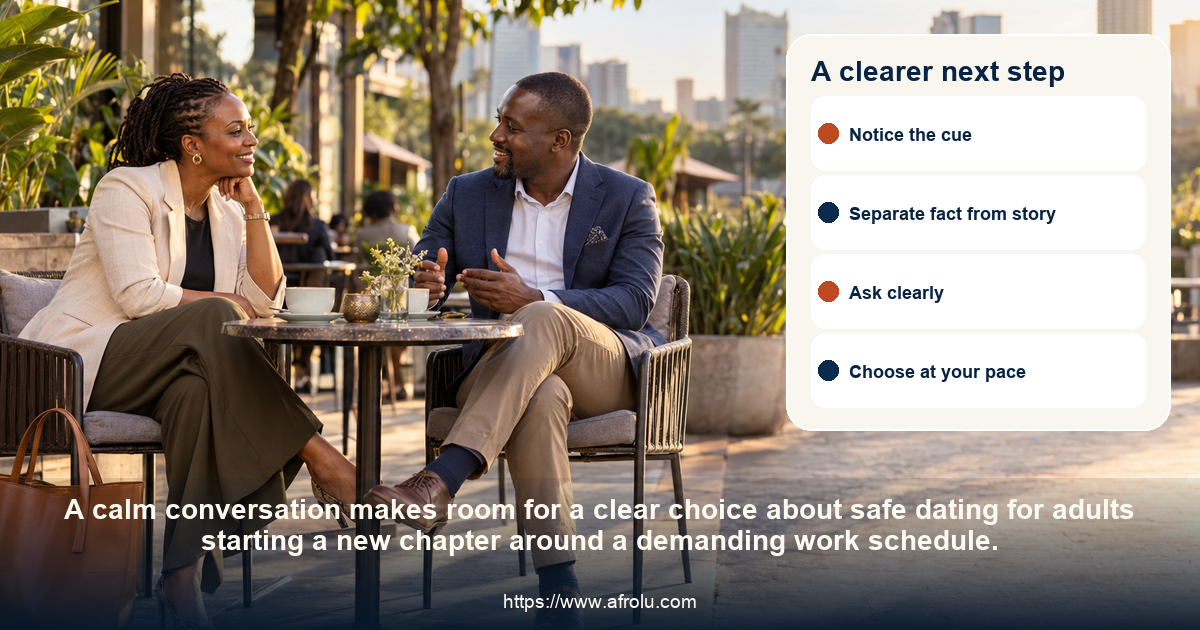 Two adults share a respectful conversation about dating safely during a demanding workweek.
