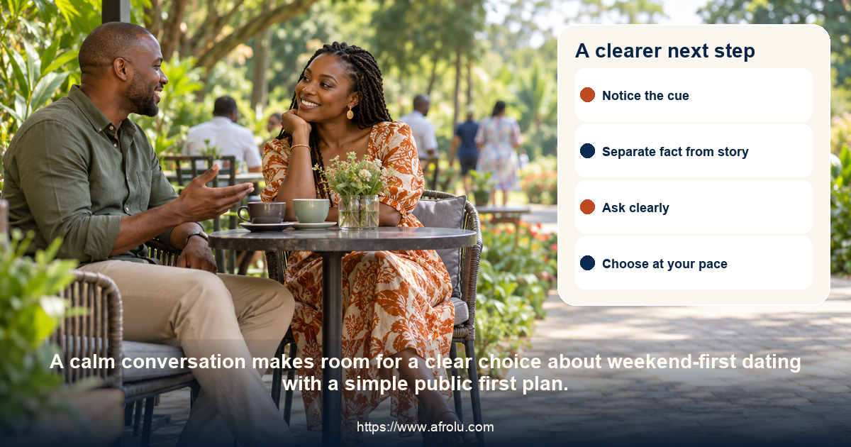 Two adults share a respectful conversation about a public weekend-first date.