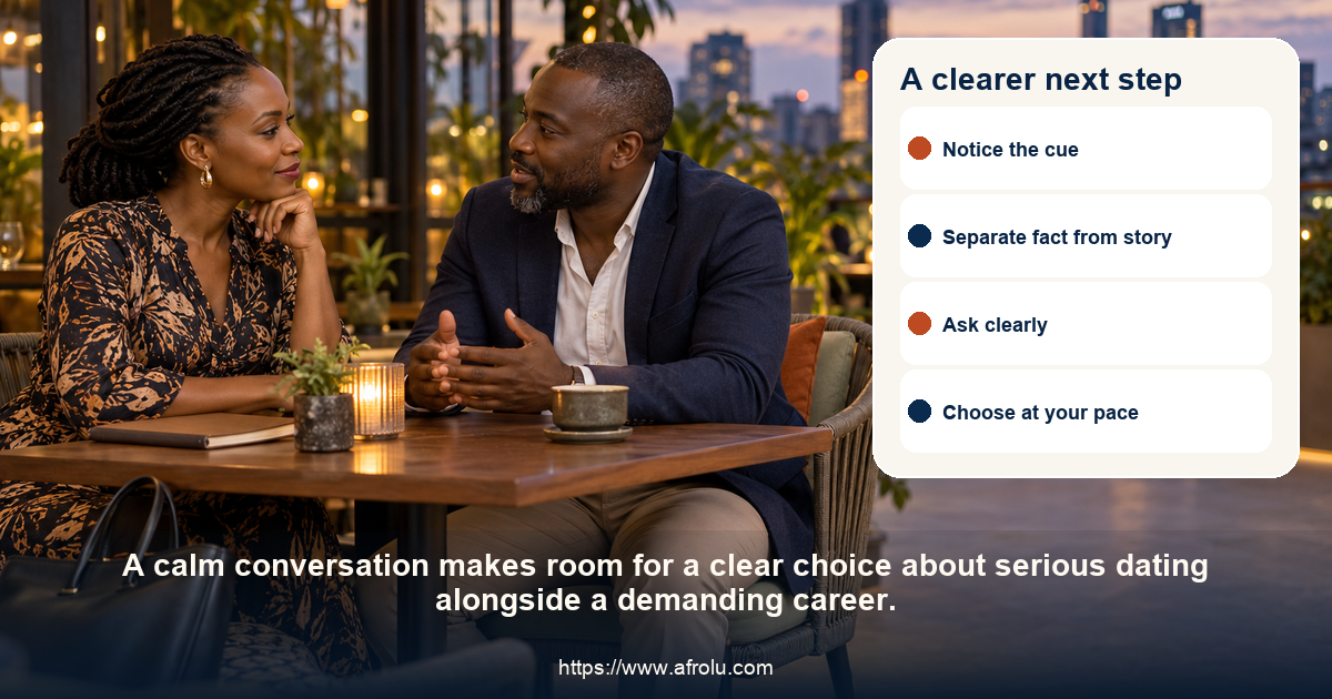 Two adults share a respectful conversation about serious dating alongside a career.