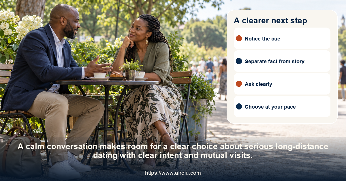 Two adults share a respectful conversation about serious long-distance dating with mutual plans.