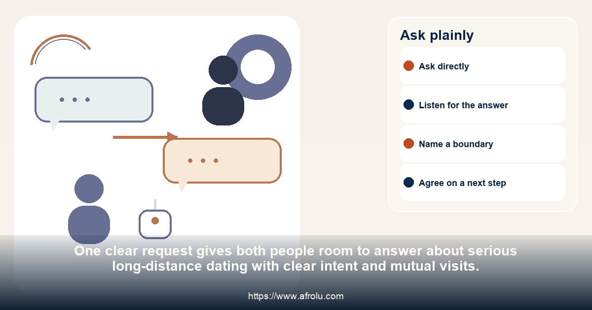 Two adults have an even conversation and agree on one practical question about serious long-distance dating with mutual plans.