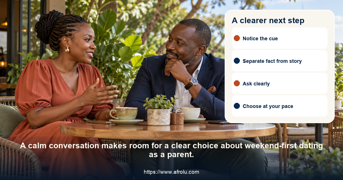 Two adults share a respectful conversation about weekend-first dating as a parent.