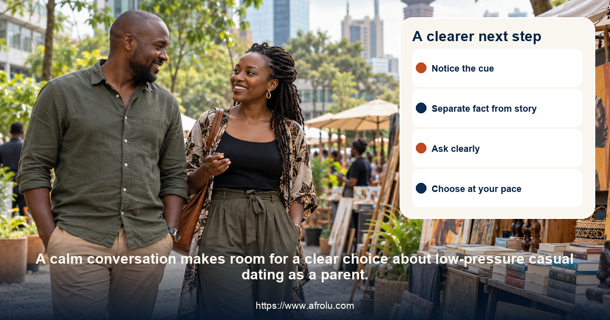 Two adults share a respectful conversation about low-pressure casual dating as a parent.