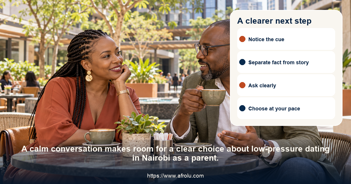 Two adults share a respectful conversation about low-pressure dating in Nairobi as a parent.