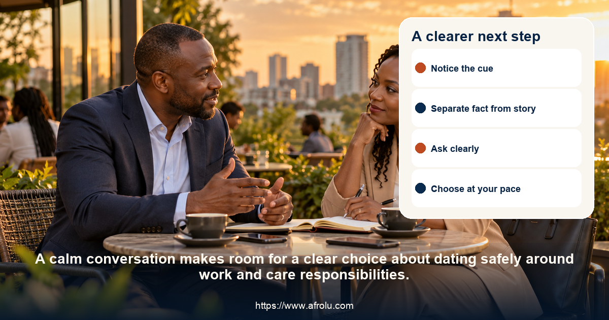 Two adults share a respectful conversation about dating safely around work and care responsibilities.
