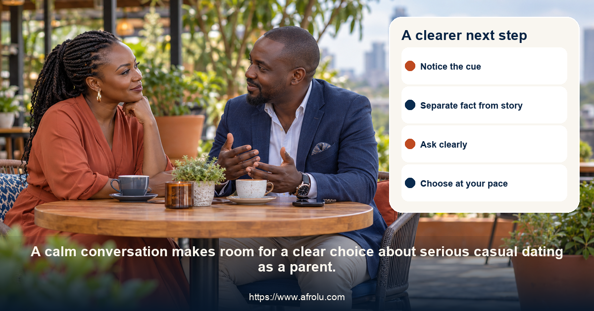 Two adults share a respectful conversation about serious casual dating as a parent.