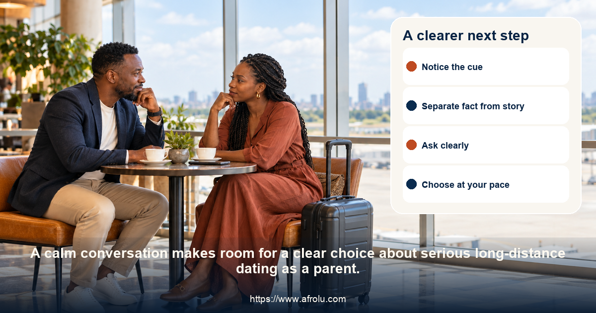 Two adults share a respectful conversation about serious long-distance dating as a parent.