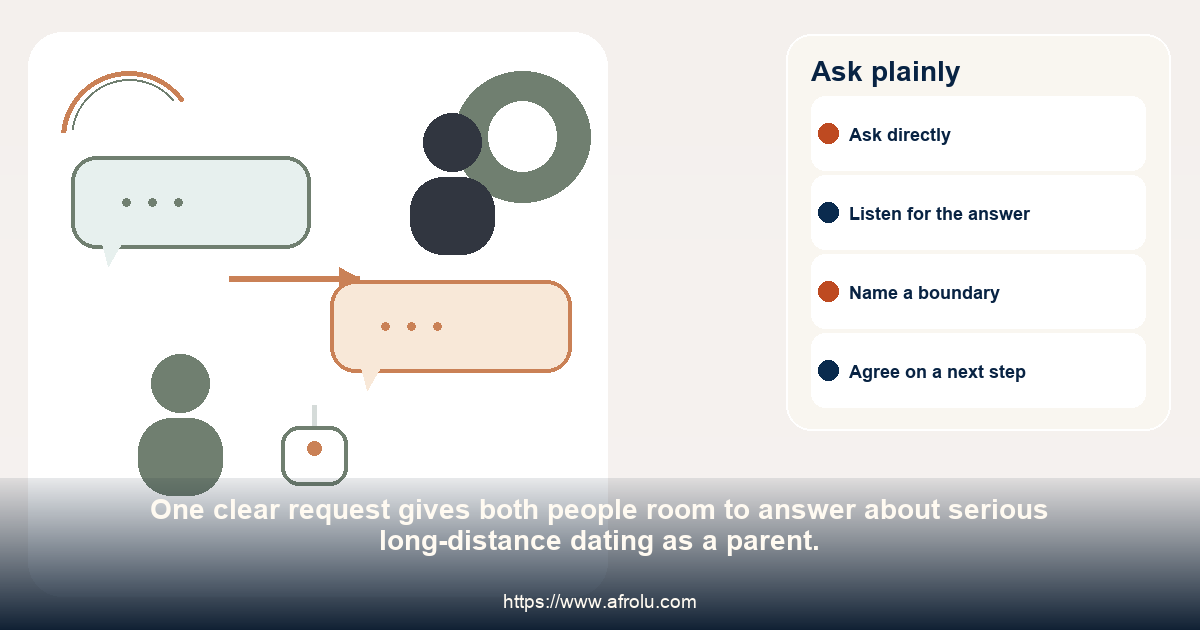 Two adults have an even conversation and agree on one practical question about serious long-distance dating as a parent.