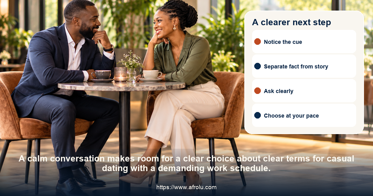 Two adults share a respectful conversation about clear terms for casual dating with a demanding work schedule.