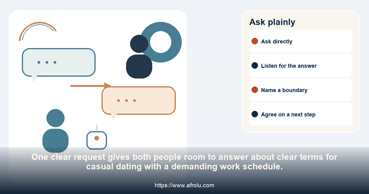 Two adults have an even conversation and agree on one practical question about clear terms for casual dating with a demanding work schedule.