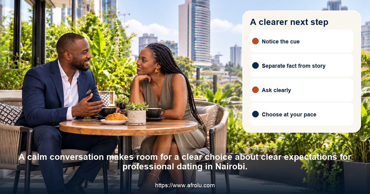Two adults share a respectful conversation about clear expectations for professional dating in Nairobi.