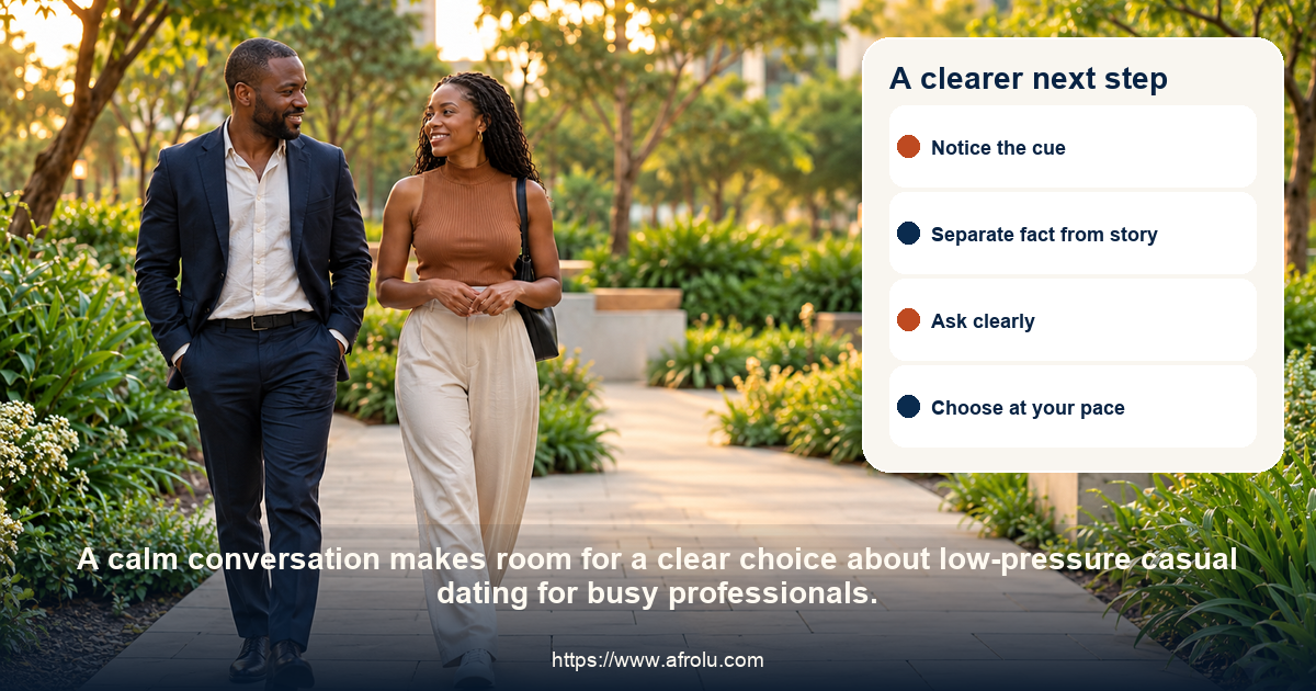 Two adults share a respectful conversation about low-pressure casual dating for busy professionals.