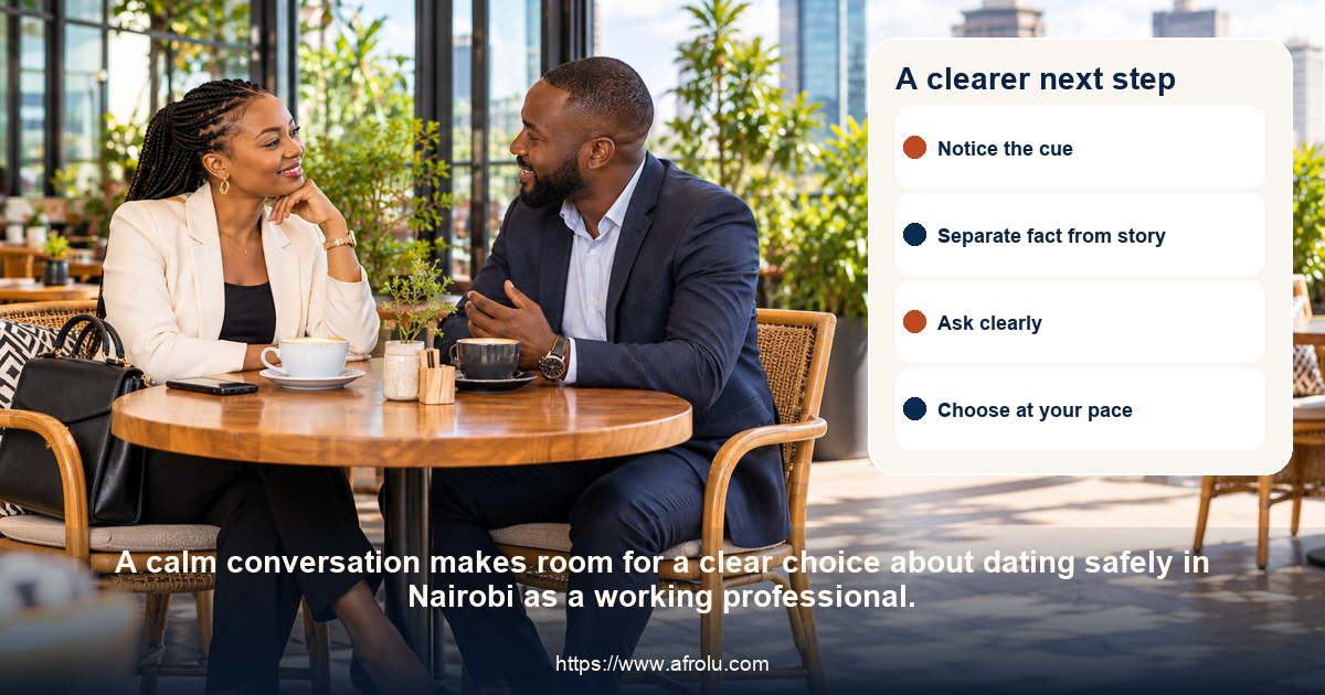 Two adults share a respectful conversation about dating safely in Nairobi as a working professional.
