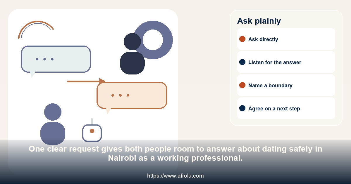Two adults have an even conversation and agree on one practical question about dating safely in Nairobi as a working professional.