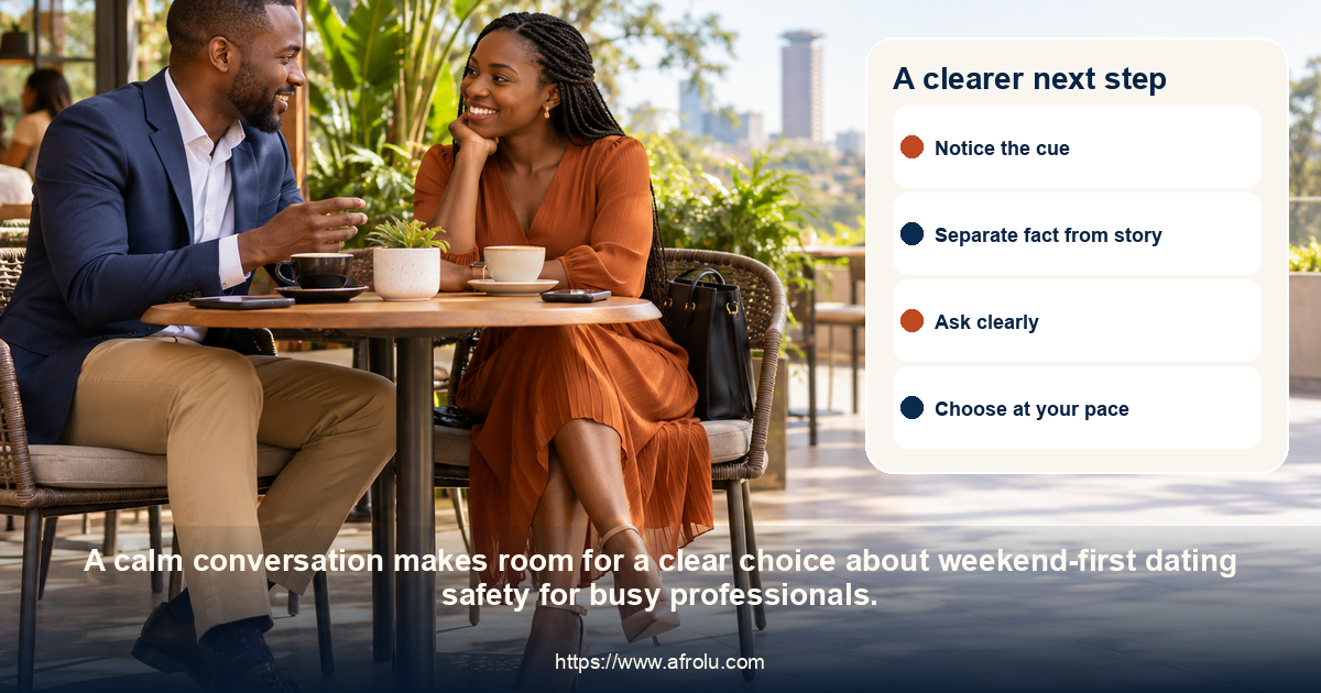 Two adults share a respectful conversation about weekend-first dating safety for busy professionals.