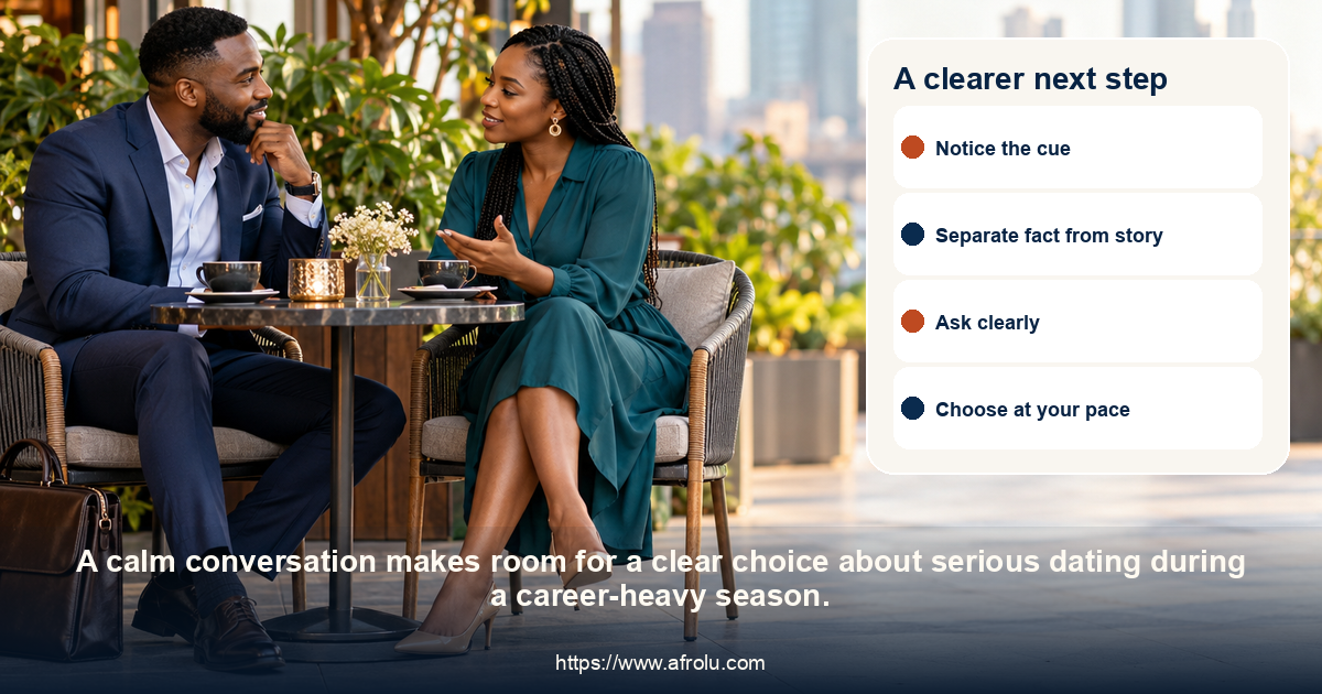 Two adults share a respectful conversation about serious dating during a career-heavy season.