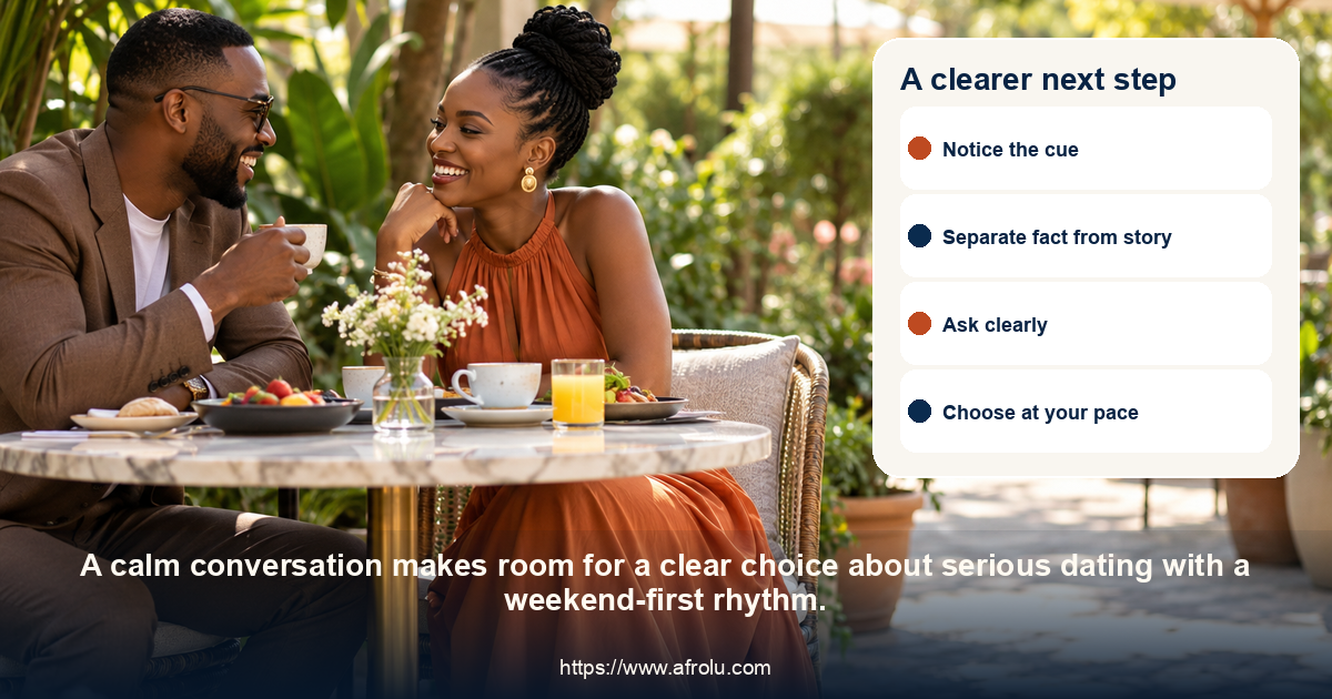 Two adults share a respectful conversation about serious dating with a weekend-first rhythm.