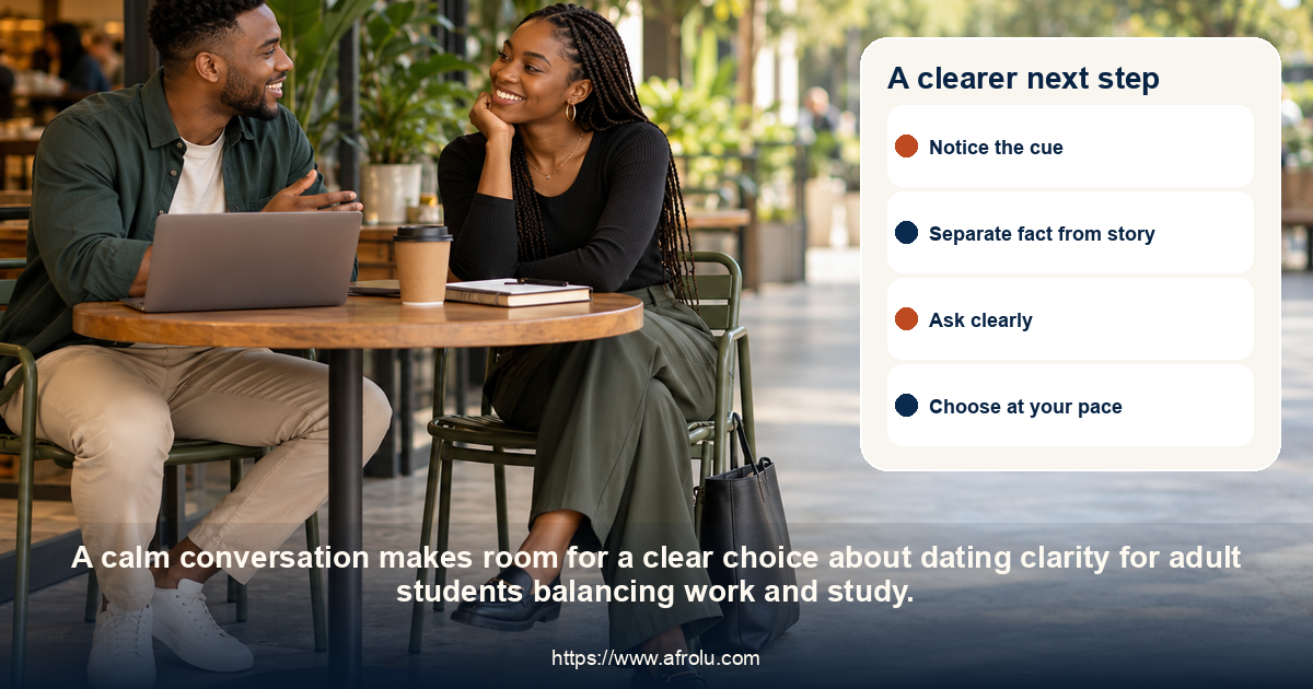 Two adults share a respectful conversation about dating clarity for adult students balancing work and study.