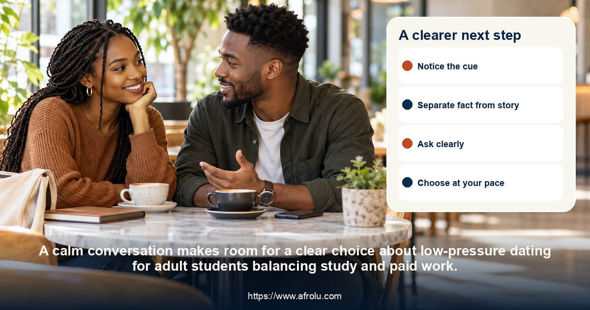 Two adults share a respectful conversation about low-pressure dating for adult students balancing study and paid work.