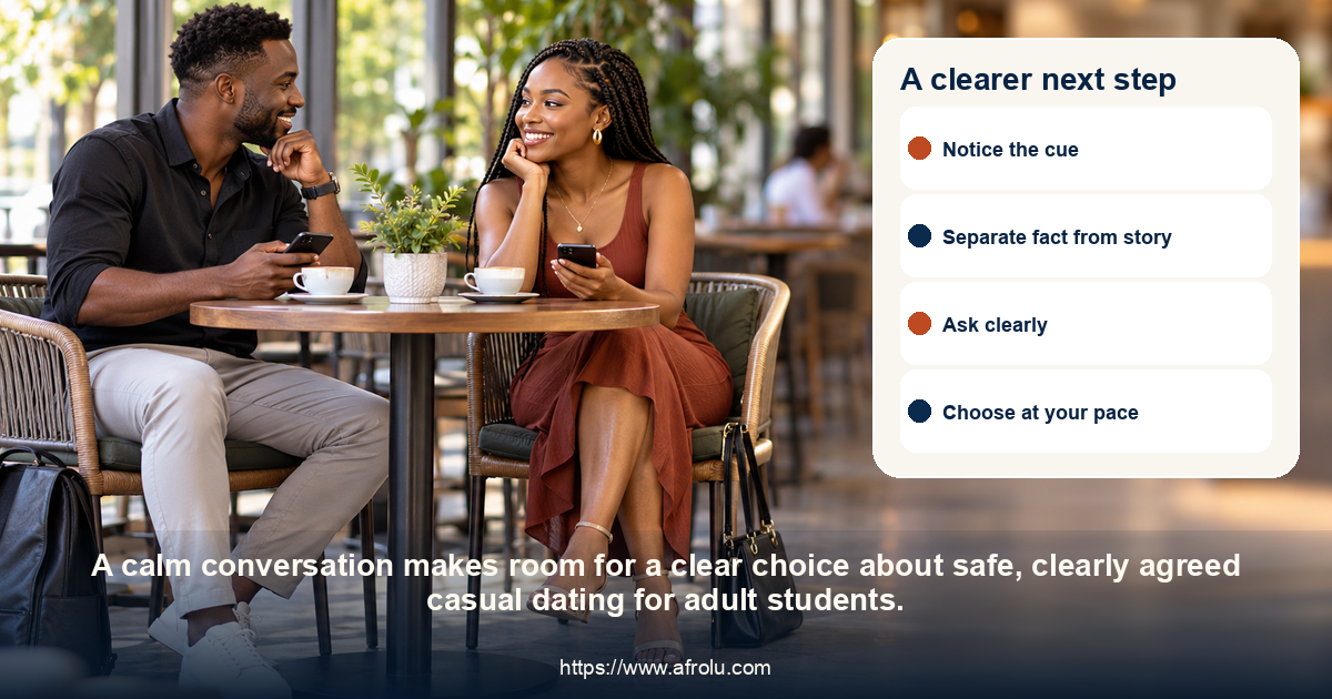 Two adults share a respectful conversation about safe, clearly agreed casual dating for adult students.