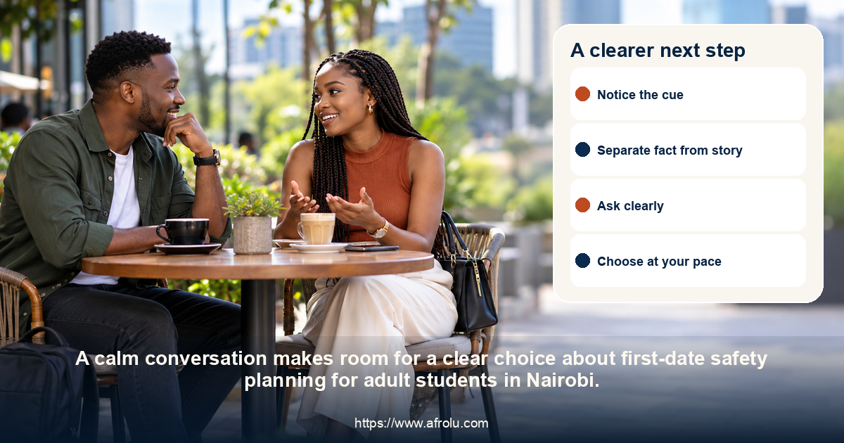 Two adults share a respectful conversation about first-date safety planning for adult students in Nairobi.