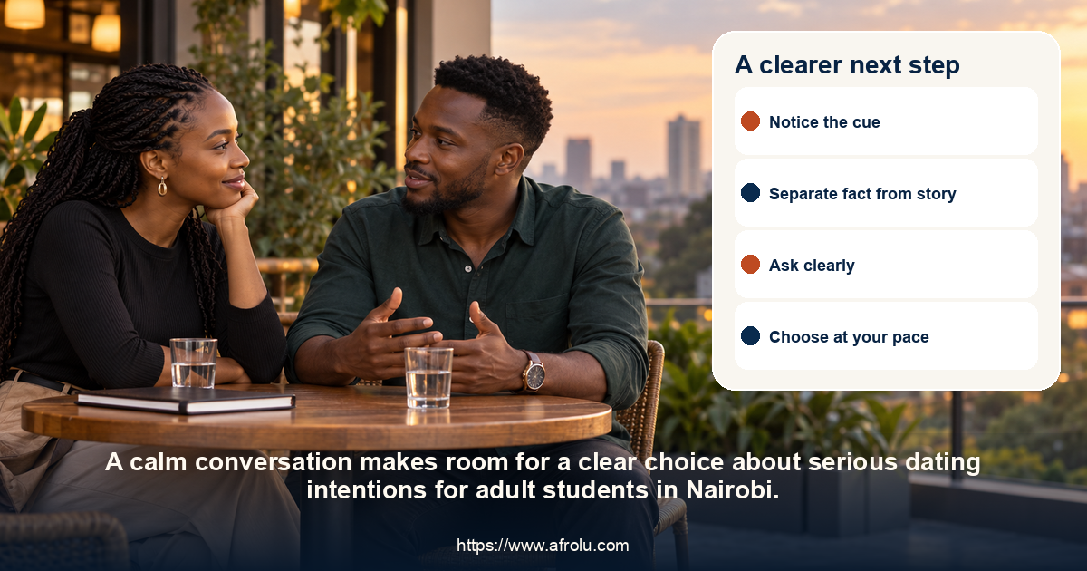 Two adults share a respectful conversation about serious dating intentions for adult students in Nairobi.