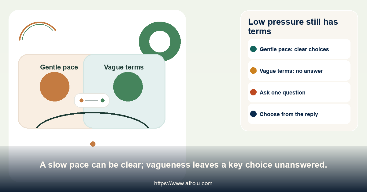 Low pressure still has terms. A slow pace can be clear; vagueness leaves a key choice unanswered.