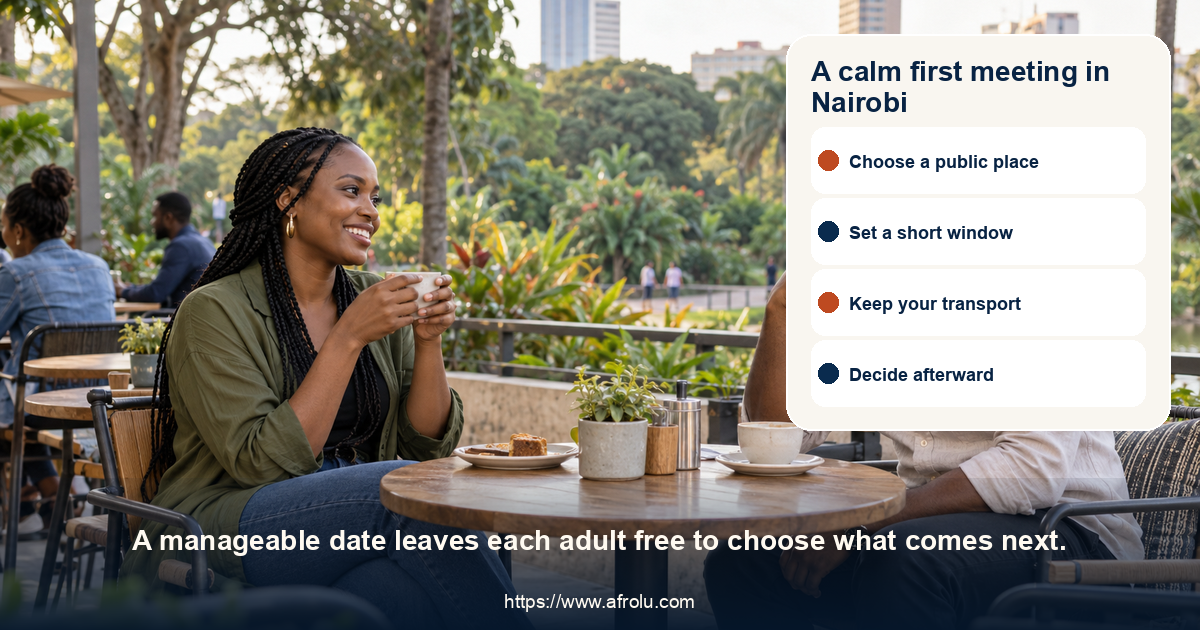 A calm first meeting in Nairobi. A manageable date leaves each adult free to choose what comes next.