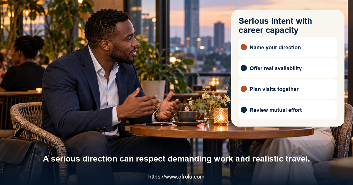 Serious intent with career capacity. A serious direction can respect demanding work and realistic travel.