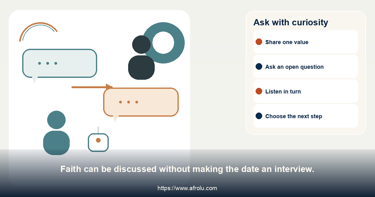 Ask with curiosity. Faith can be discussed without making the date an interview.