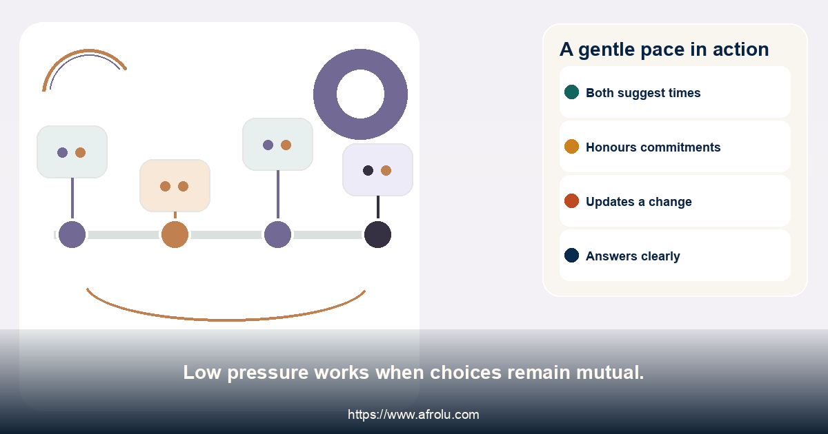 A gentle pace in action. Low pressure works when choices remain mutual.