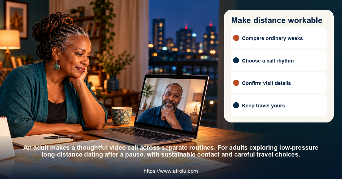 Make distance workable: low-pressure long-distance dating after a pause, with sustainable contact and careful travel choices.