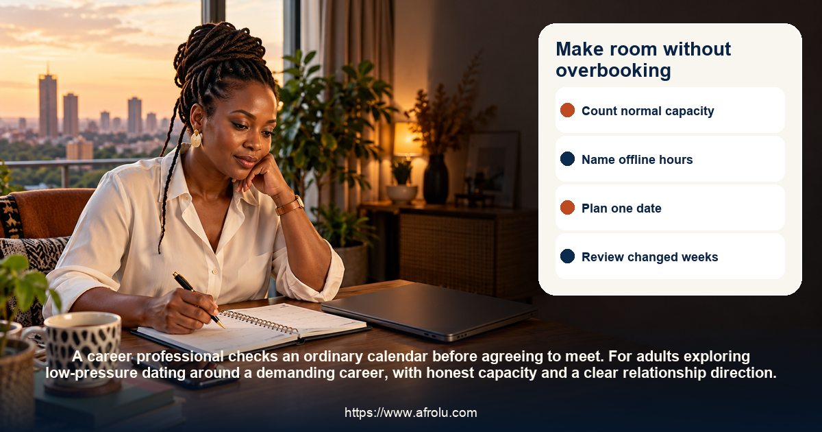 Make room without overbooking: low-pressure dating around a demanding career, with honest capacity and a clear relationship direction.