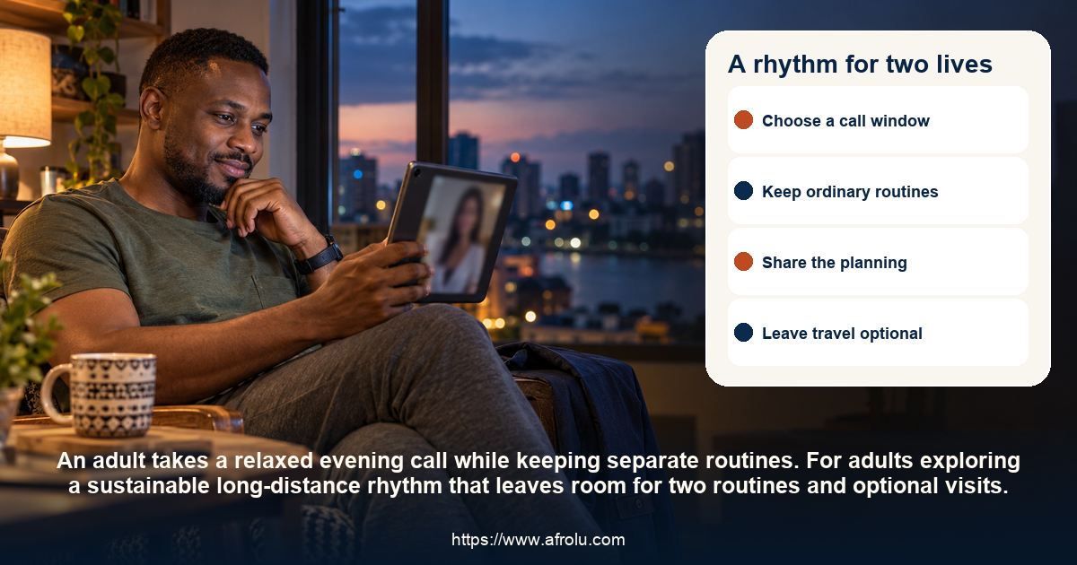 A rhythm for two lives: a sustainable long-distance rhythm that leaves room for two routines and optional visits.