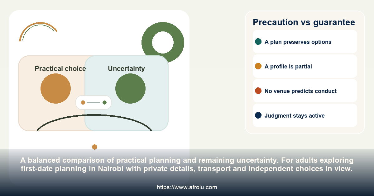 Precaution vs guarantee: first-date planning in Nairobi with private details, transport and independent choices in view.