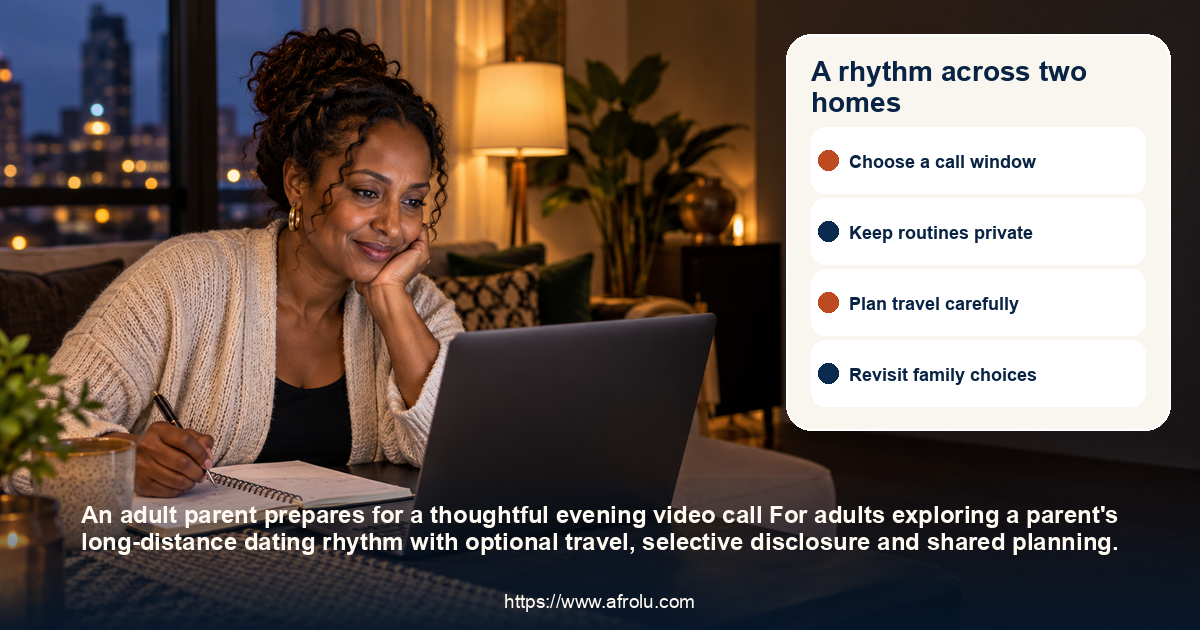 A rhythm across two homes: a parent's long-distance dating rhythm with optional travel, selective disclosure and shared planning.