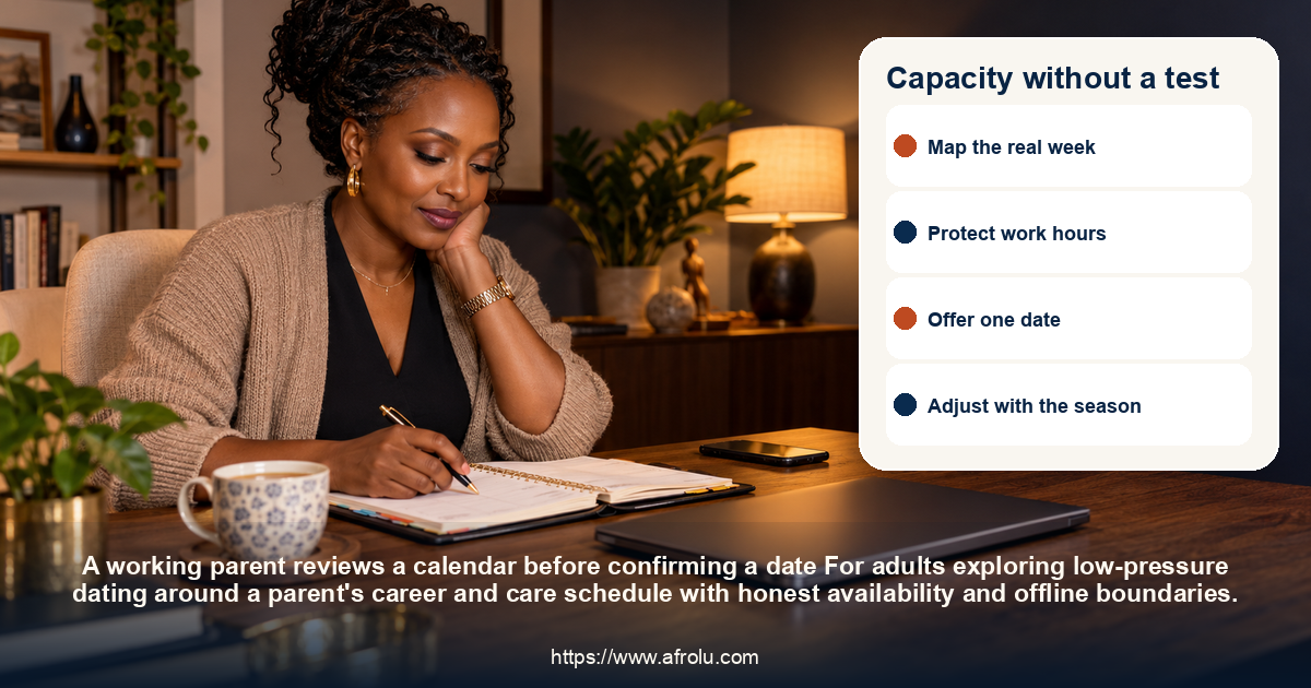 Capacity without a test: low-pressure dating around a parent's career and care schedule with honest availability and offline boundaries.