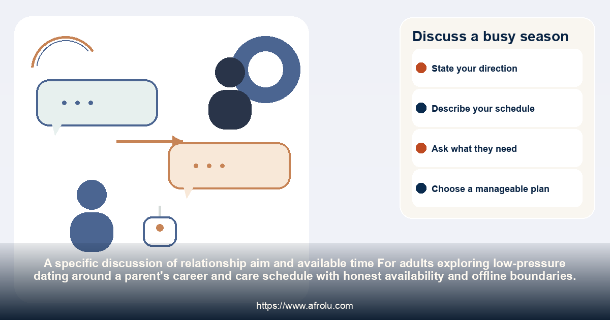 Discuss a busy season: low-pressure dating around a parent's career and care schedule with honest availability and offline boundaries.