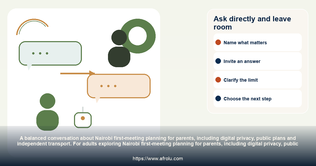 Ask directly and leave room: Nairobi first-meeting planning for parents, including digital privacy, public plans and independent transport.