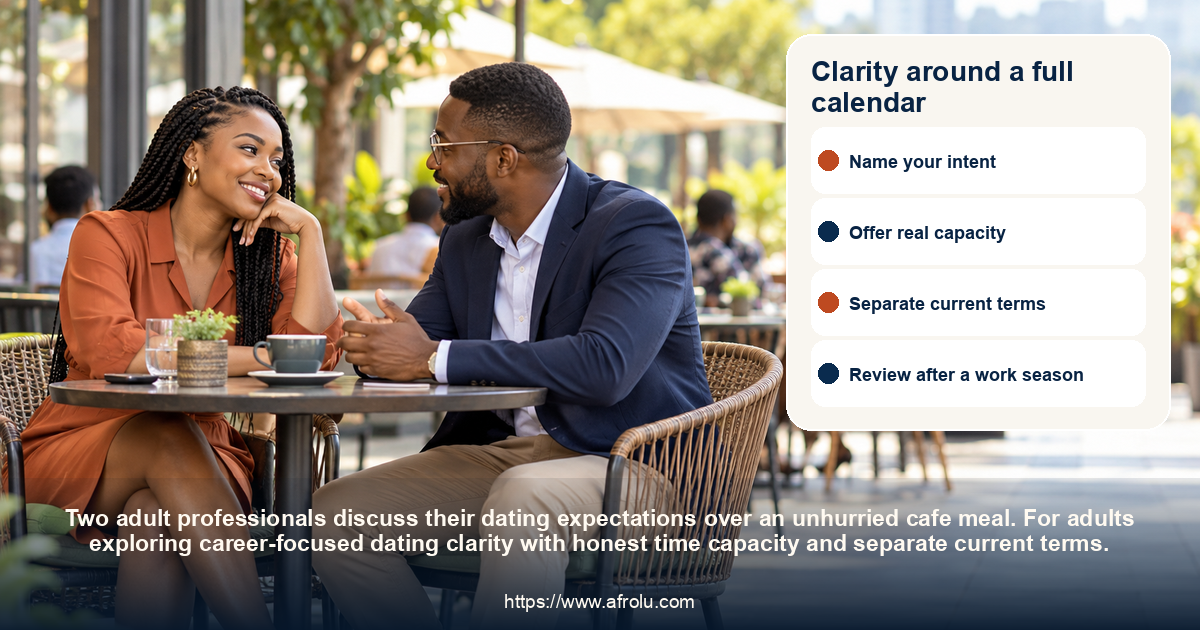 Clarity around a full calendar: career-focused dating clarity with honest time capacity and separate current terms.