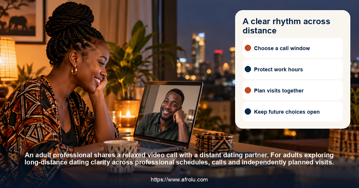 A clear rhythm across distance: long-distance dating clarity across professional schedules, calls and independently planned visits.