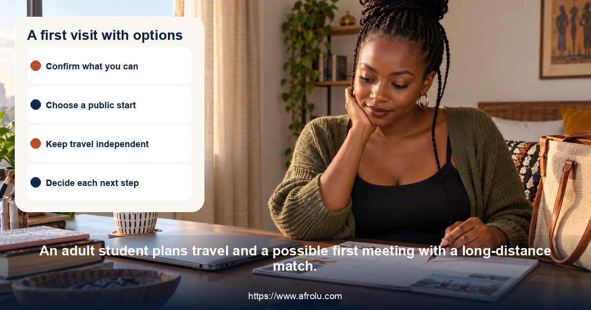 A first visit with options: long-distance first-meeting choices for adult students, including identity, travel, data, money and consent.