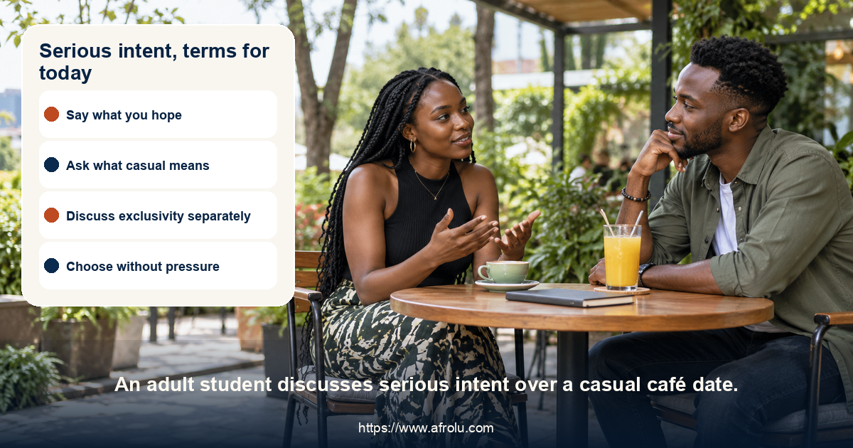 Serious intent, terms for today: serious relationship intent while adult students explore a casual dating arrangement and clarify current terms.