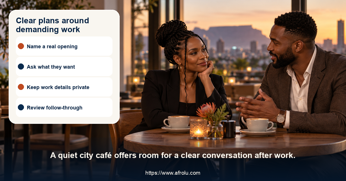 An adult woman considers a dating conversation over coffee after work.